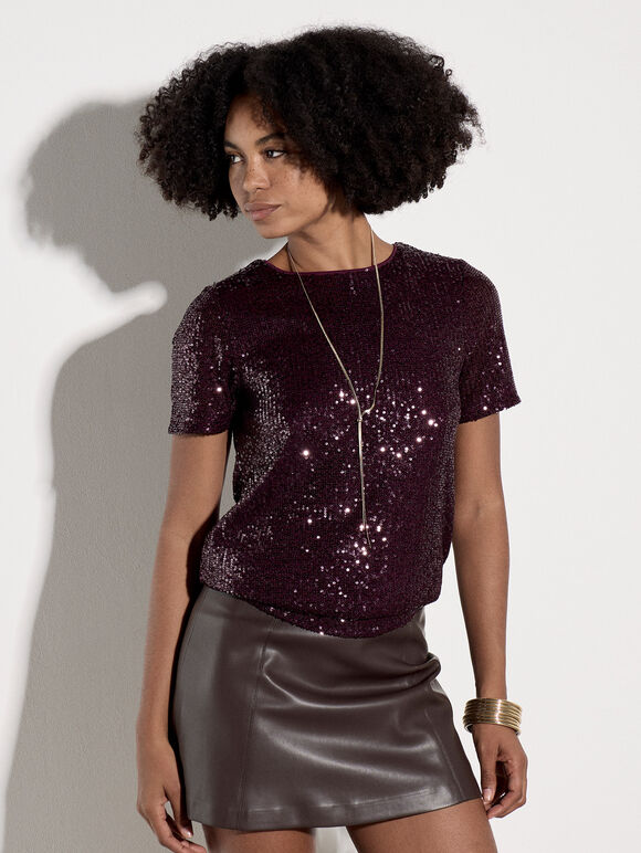 Sequin Embellished T-Shirt, Burgundy, large