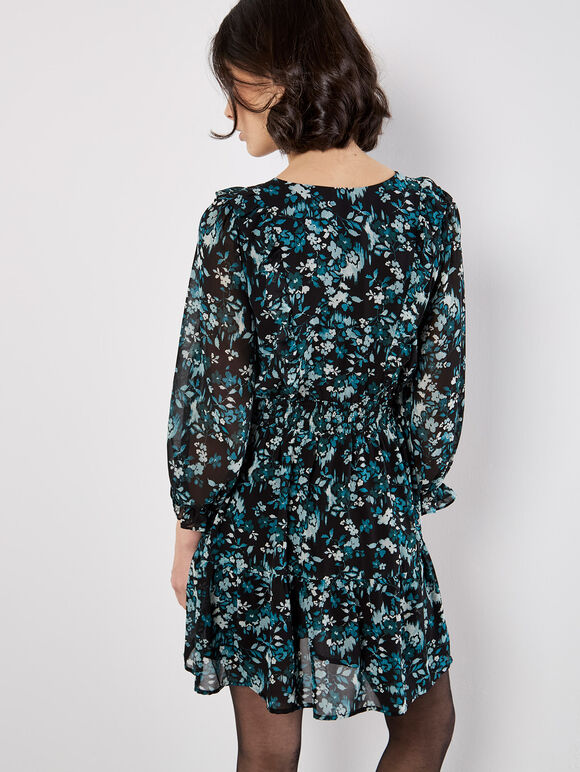 Ditsy Floral Chiffon Ruffle Dress, Green, large