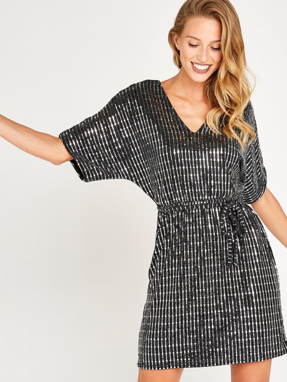 Sequin Kimono Dress, Black, large