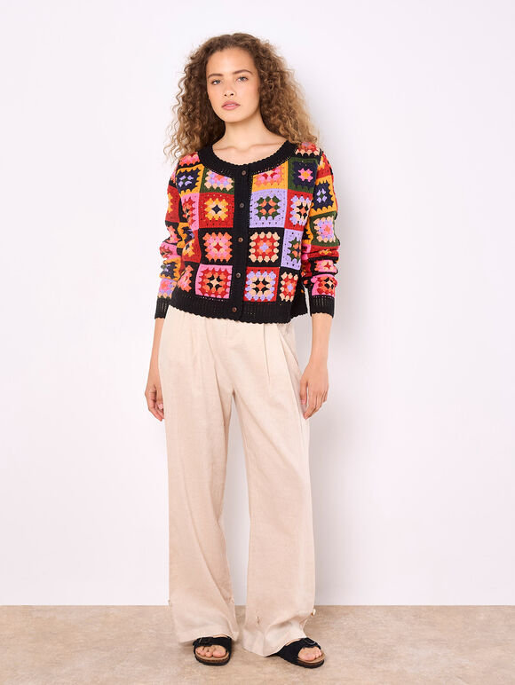 Colourful Crochet Squares Cardigan, Black, large