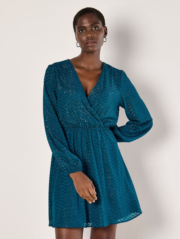 Chevron Shimmer Wrap Mini Dress, Teal, large