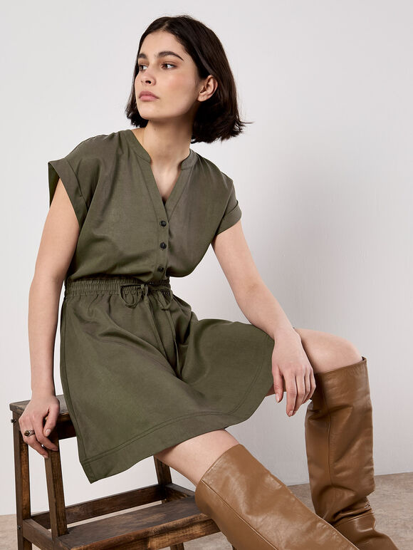 Button-Down Skater Mini Dress, Khaki, large
