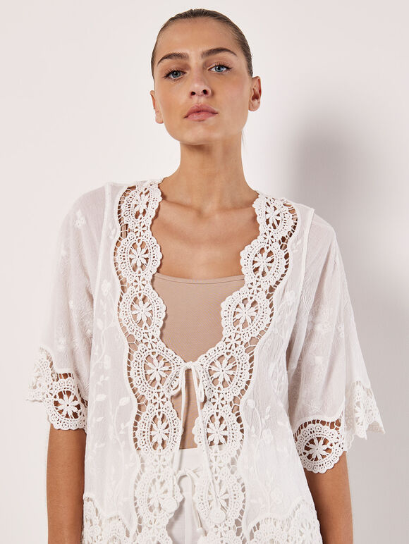 Cotton Blend Lace Longline Cover Up, White, large