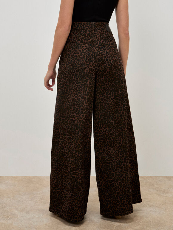 Zoe Wide Leg Leopard Print Jeans, Brown, large
