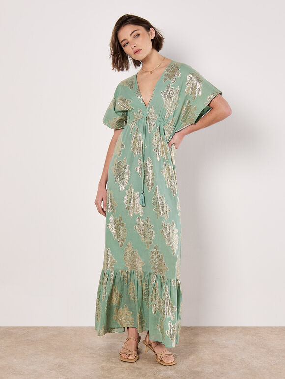 Gold Foil Floral Maxi Dress, Mint, large