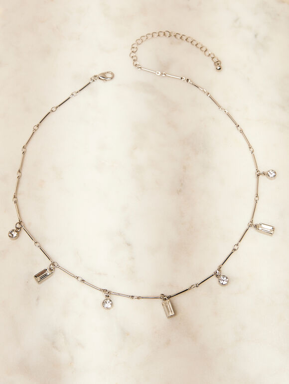 Silberfarbene Halskette mit Edelstein-Anhänger, sortiert, groß