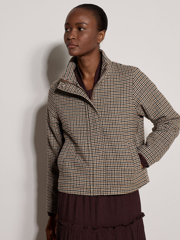 Houndstooth Funnel Neck Jacket, Black, large