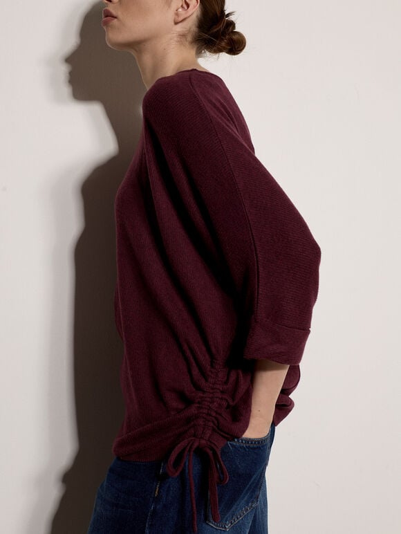 Soft Touch Drawstring Batwing Top, Burgundy, large