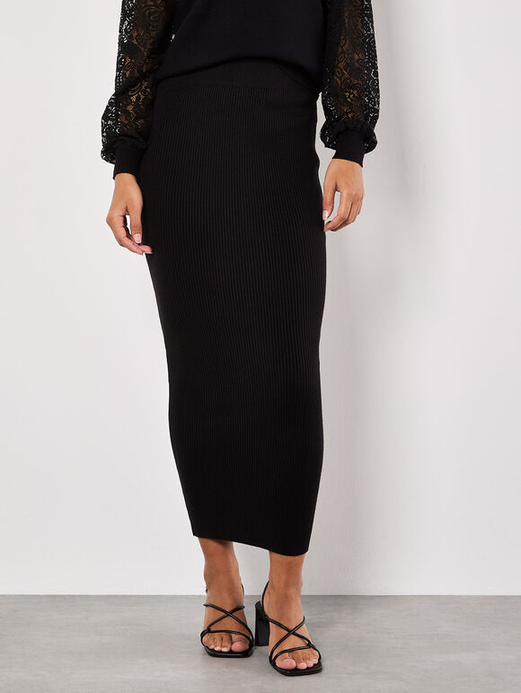 Ribbed Knit Maxi Skirt, Black, large