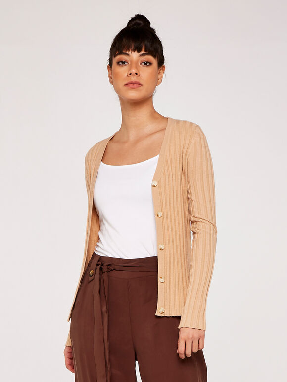 Ribbed Button Down Cardigan, Stone, large