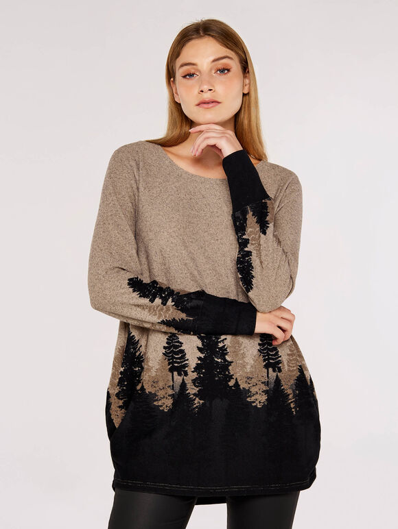 Tree Intarsia Knitted Top, Stone, large