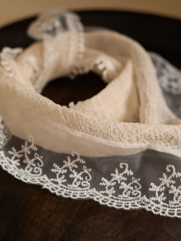Lace Trim Head Scarf, White, large