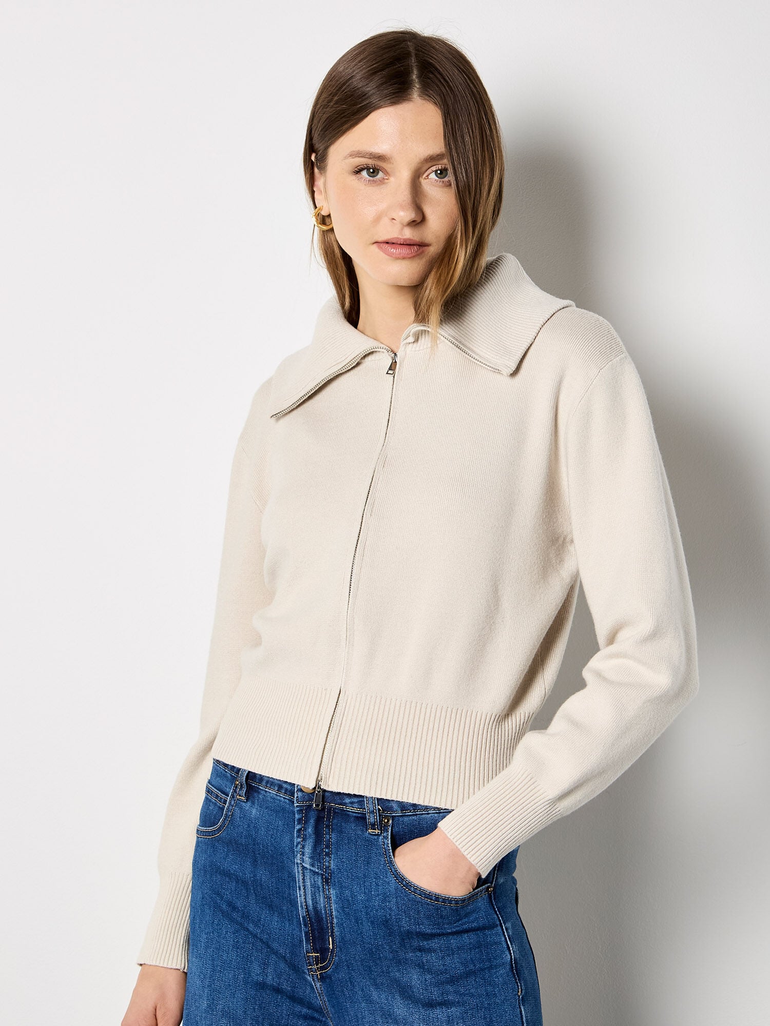 トップス STONE  D's Knit Cardigan Double Zip Ribbed Knit Cardigan | Apricot Clothing