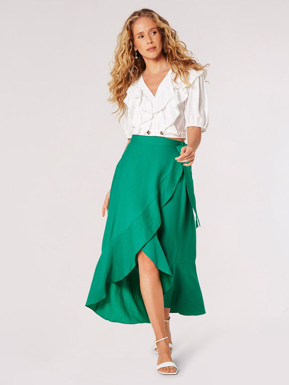 Ruffle Wrap Maxi Skirt, Green, large