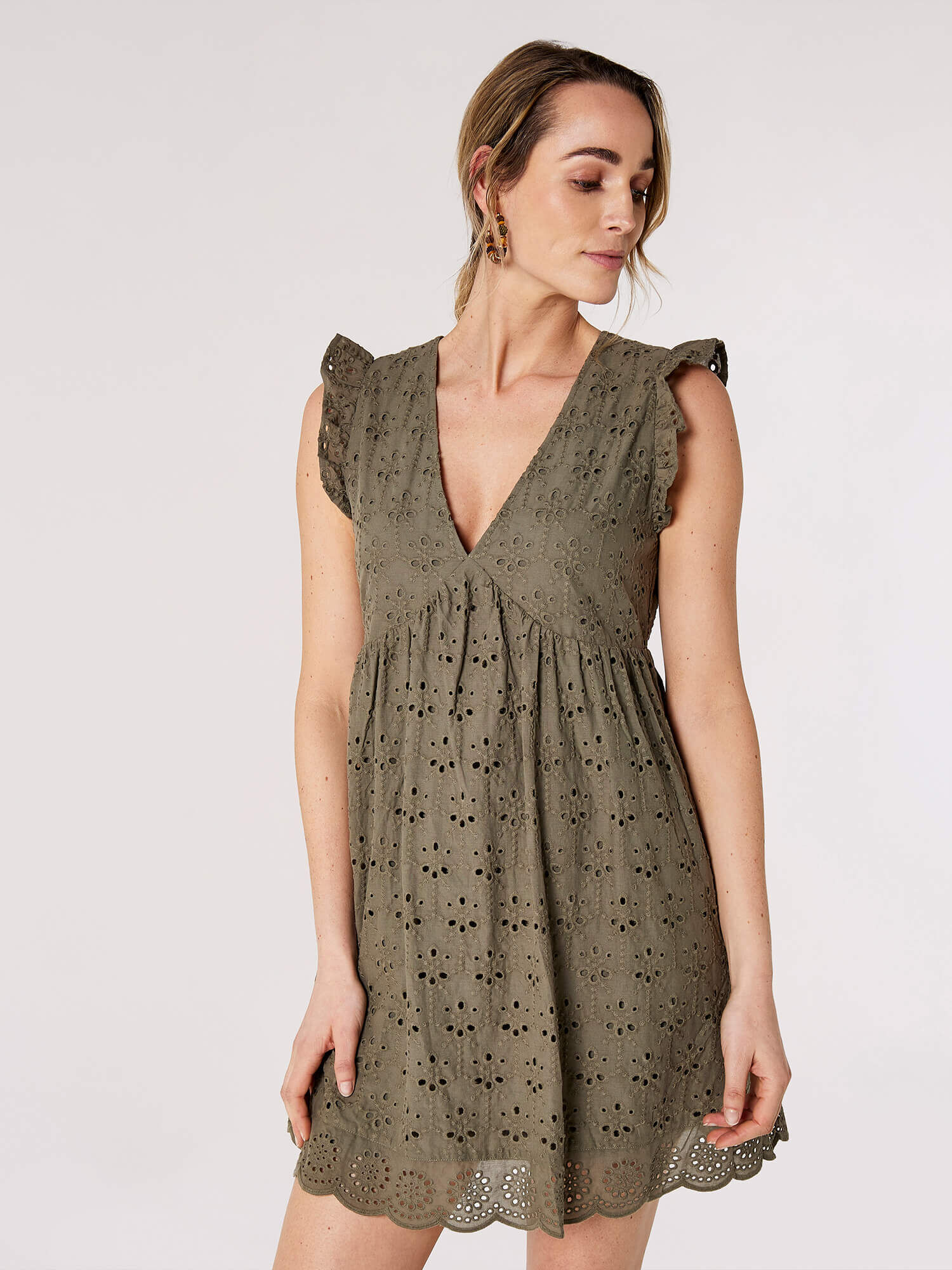 V Neck Anglaise Mini Dress Apricot Clothing