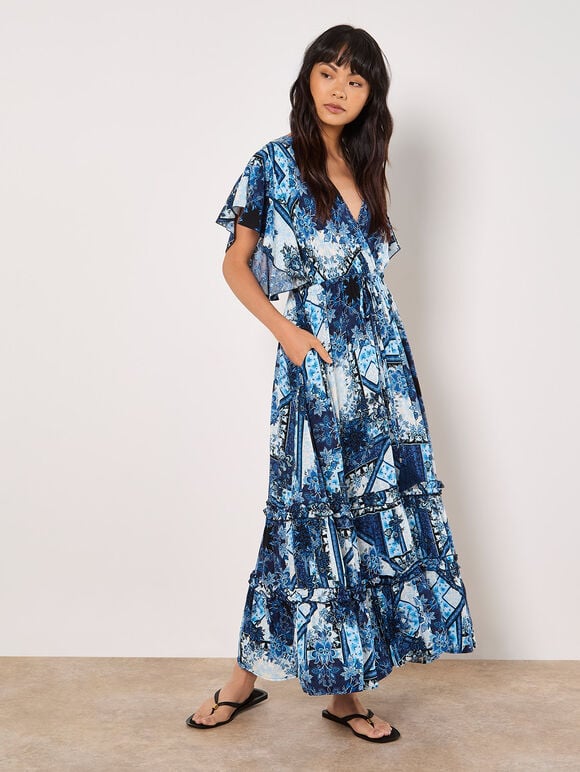 Patchwork Ruffle Tiered Midi Dress, Blue, large