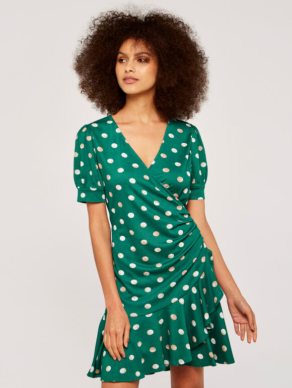 Watercolour Spot Ruffle Dress, Green, large