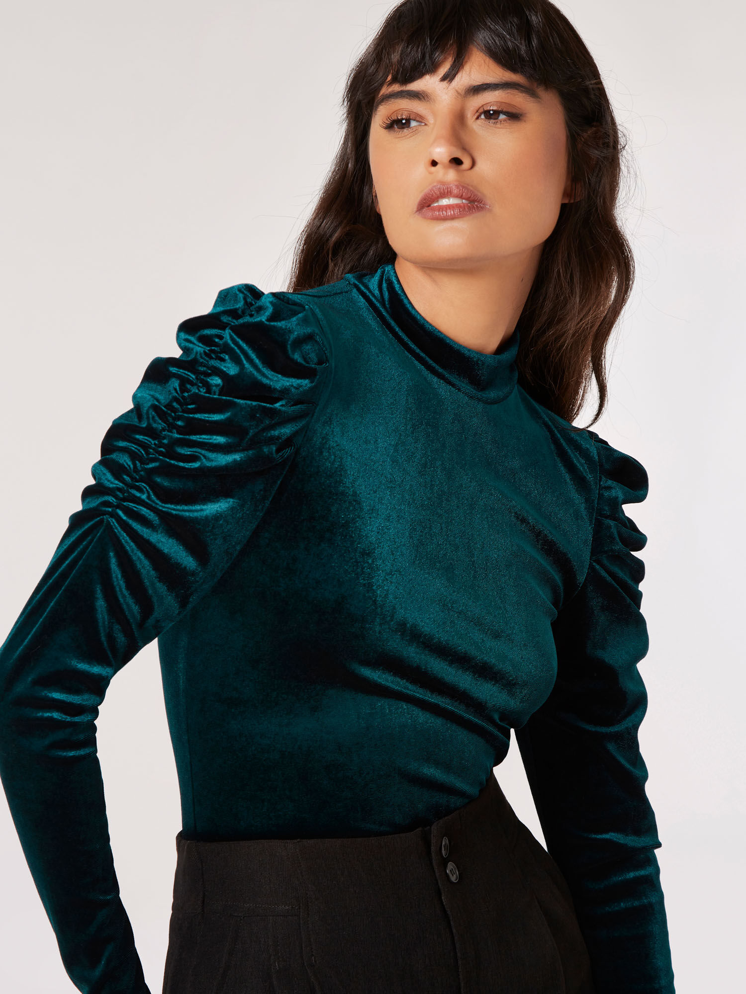 Velvet Rouched Shoulder Top Apricot Clothing