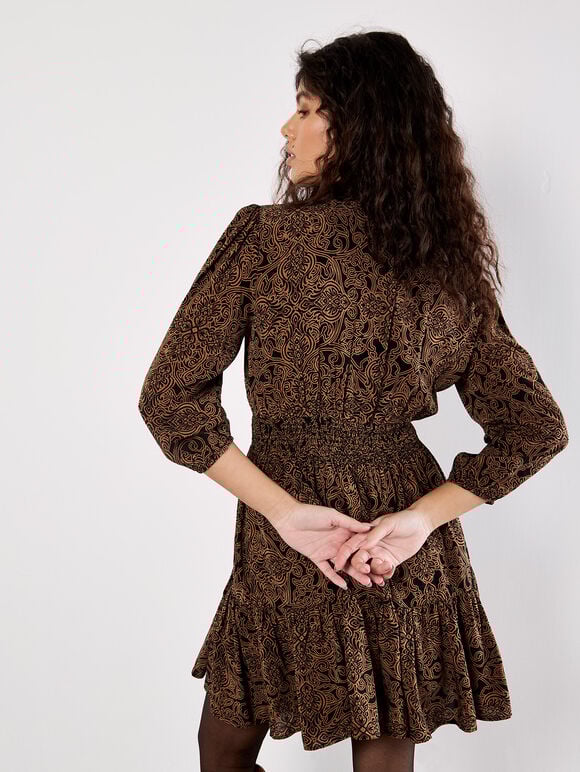 Paisley Ruffle Soft Mini Dress, Rust, large