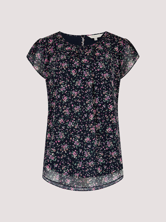 Floral Chiffon Top, Navy, large