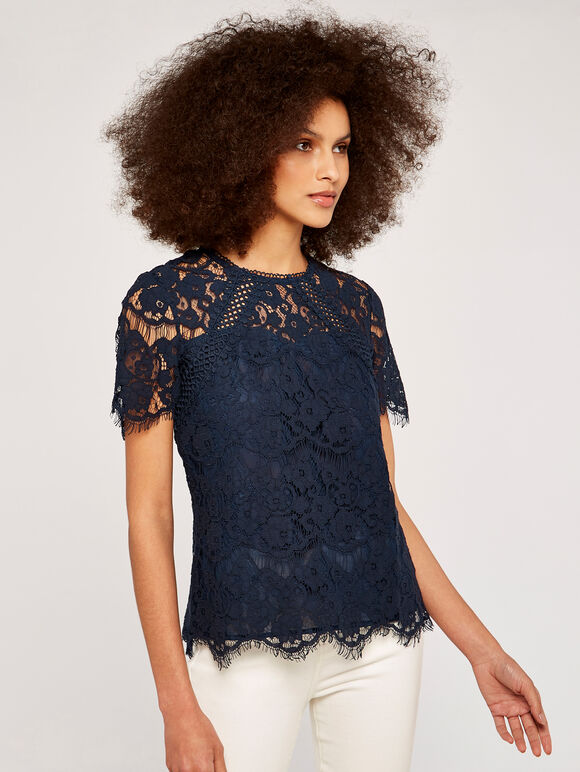  Lace Scallop Edge Top, Navy, large