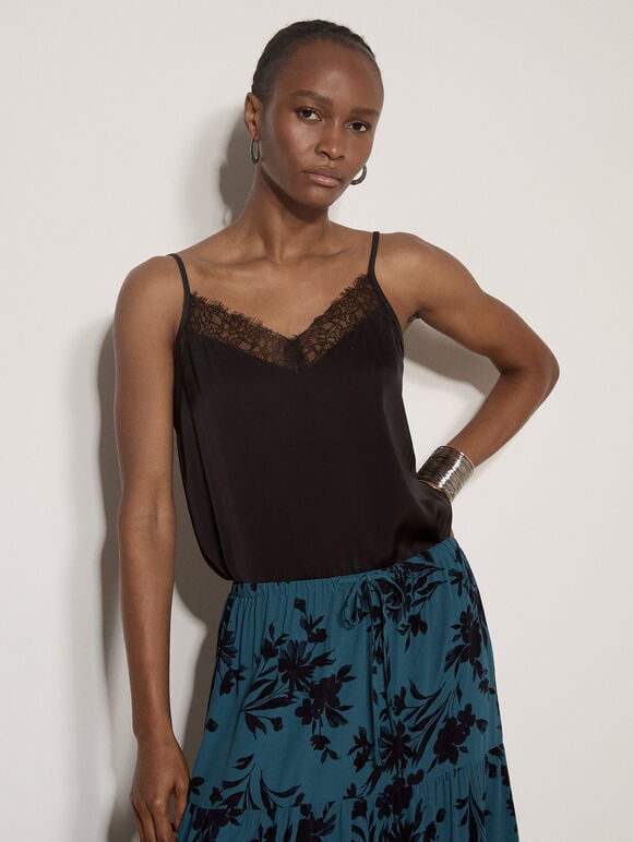 Satin Lace Camisole Top, Black, large