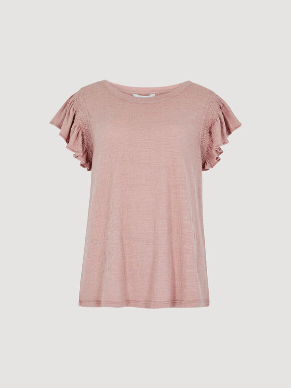 Soft Slub Ruffle Sleeve T-Shirt, Pink, large
