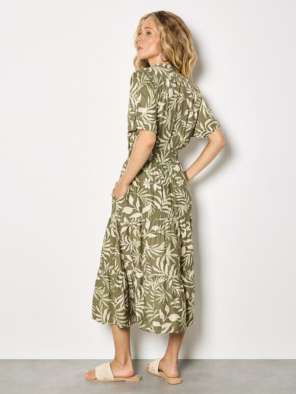 Tropical Leaf Zip-Down Midi Dress, Khaki, large