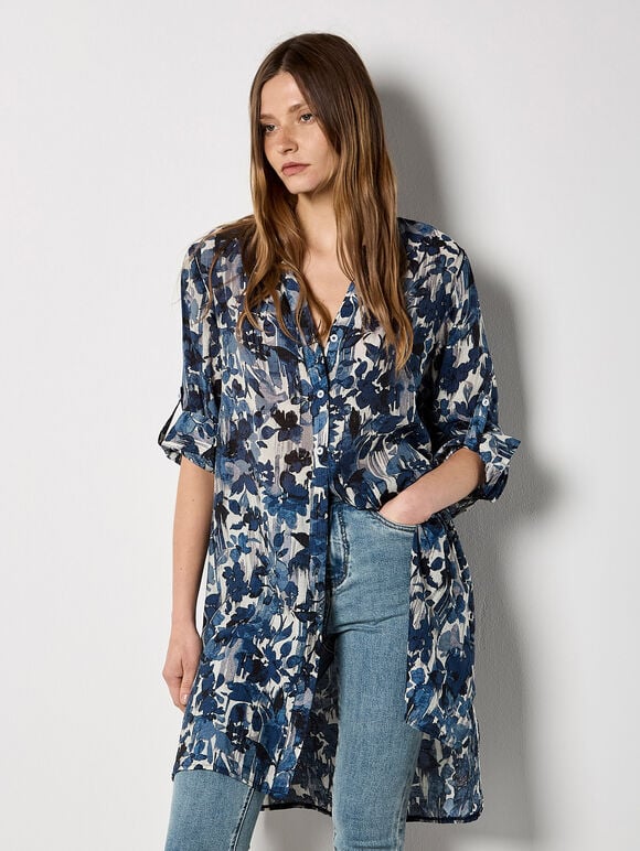 Paintbrush Floral Tunic Shirt, Navy, large