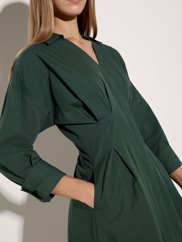 Smocked Shirt Mini Dress, Green, large