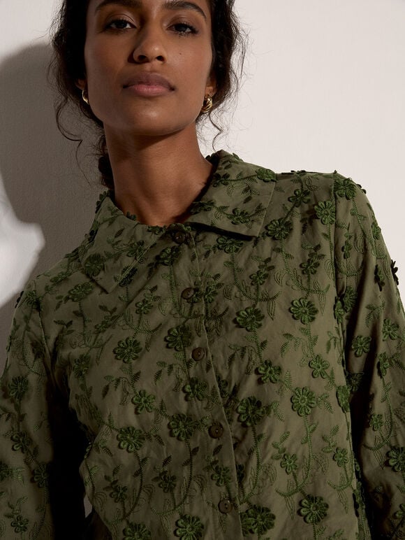 Applique Flowers Cropped Shirt, Khaki, large