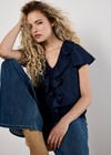 Ruffle Front Woven Top, Navy, large