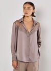 Lace Insert Oversized Satin Shirt, Grey, large