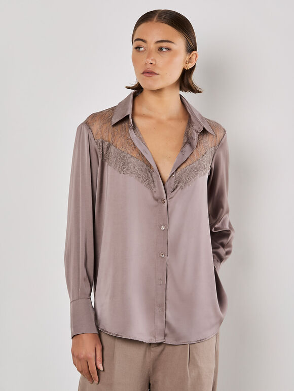 Lace Insert Oversized Satin Shirt, Grey, large