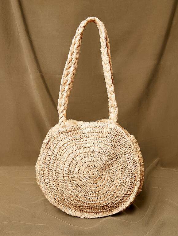 Floral Embroidered Round Straw Bag, Stone, large