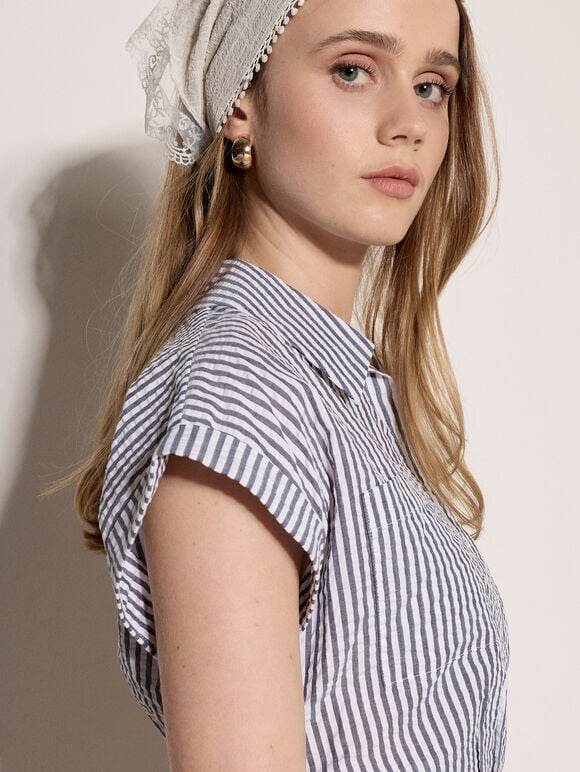 Stripe Shirt Crop Top, Navy, large