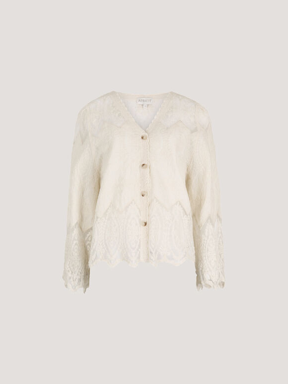 Embroidered Mesh Button Down Top, Stone, large