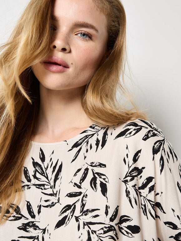 Leaf Print Woven T-Shirt, Stone, large