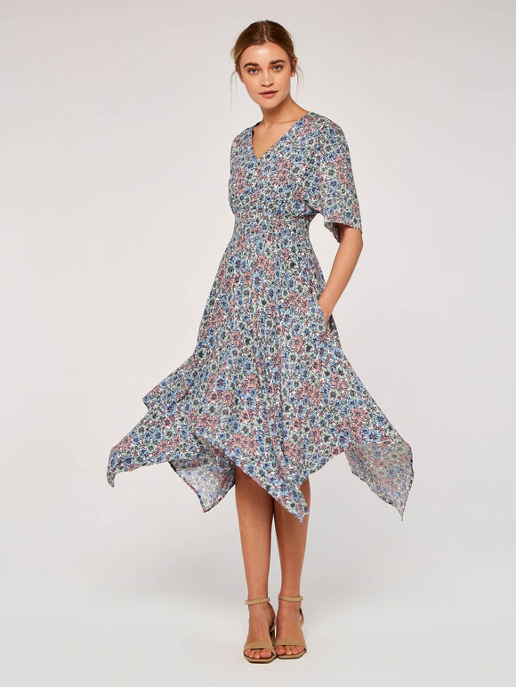 Floral Smock Dress, Blue, large