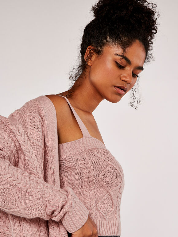 Cable Knit Cardigan, Pink, large