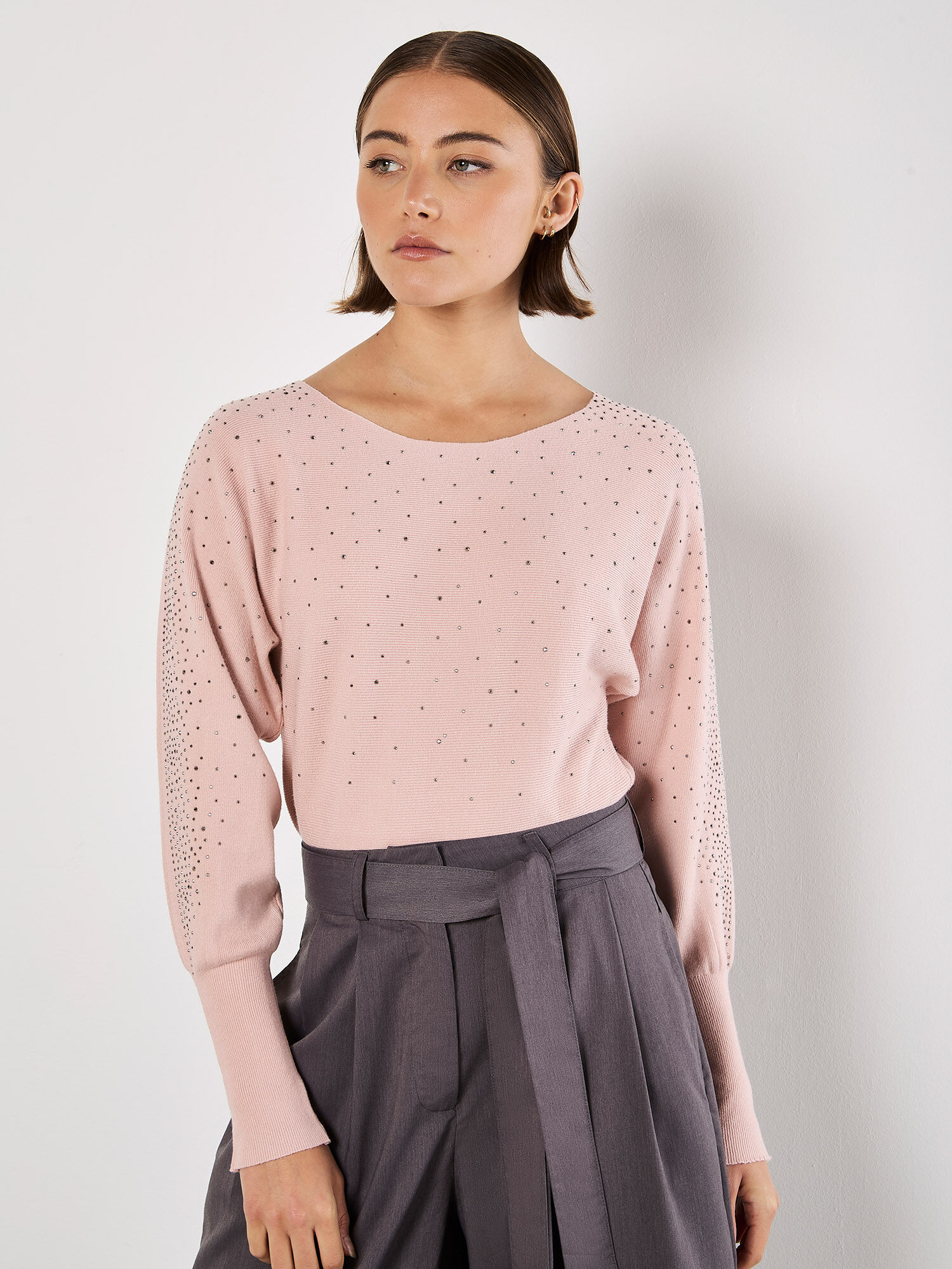 Batwing Sleeve Studded Jumper Apricot Clothing