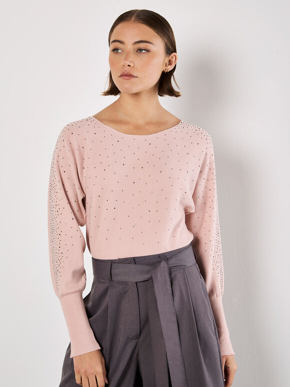 Batwing Sleeve Studded Jumper, Pink, large