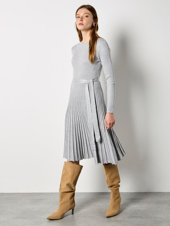 Rib Knit Pleated Midi Dress, Light Grey / Silver, large