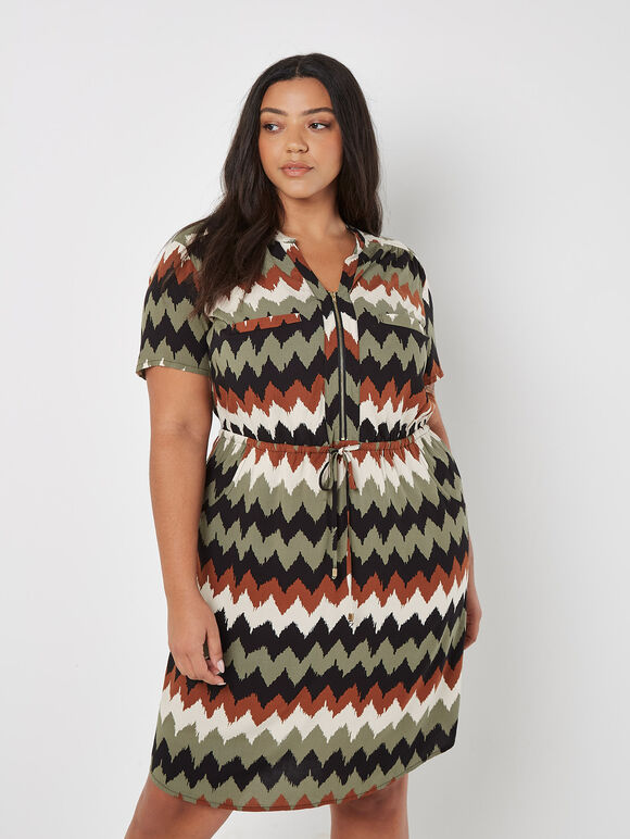 Curve Chevron Drawstring Mini Dress, Khaki, large