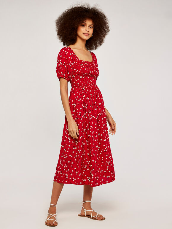 Geblümtes Kleid mit Puffärmeln, Rot, Größe L
