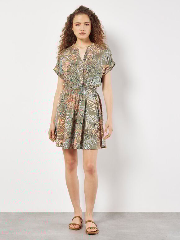 Tropical Leaf Print Smocked Mini Dress, Khaki, large