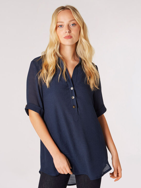 Slub Shimmer Relaxed Blouse, Navy, large