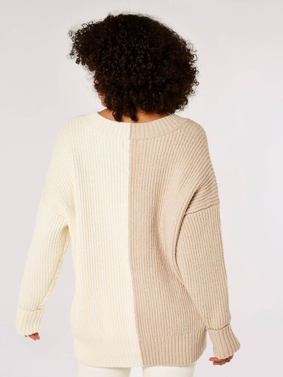 Zweifarbiger Farbblock-Pullover, Creme, groß