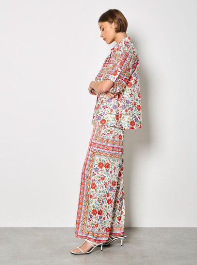 Floral Scarf Print Satin Wide-Leg Trousers