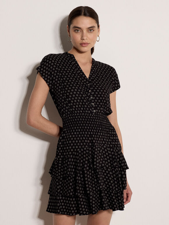 Geo Print Ruffle Mini Dress, Black, large